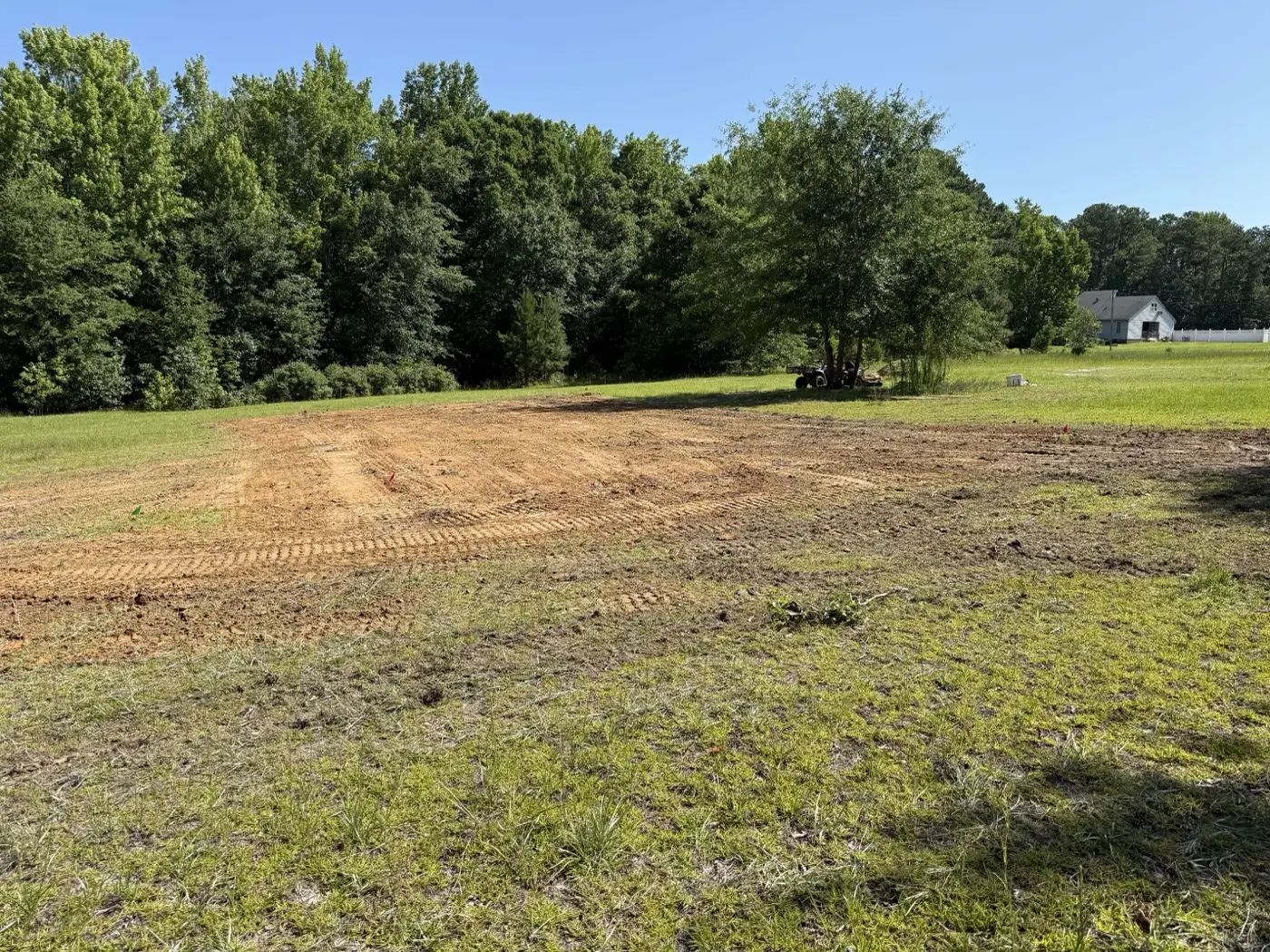 Fresh grading tied into a lawn, tractor working under the trees